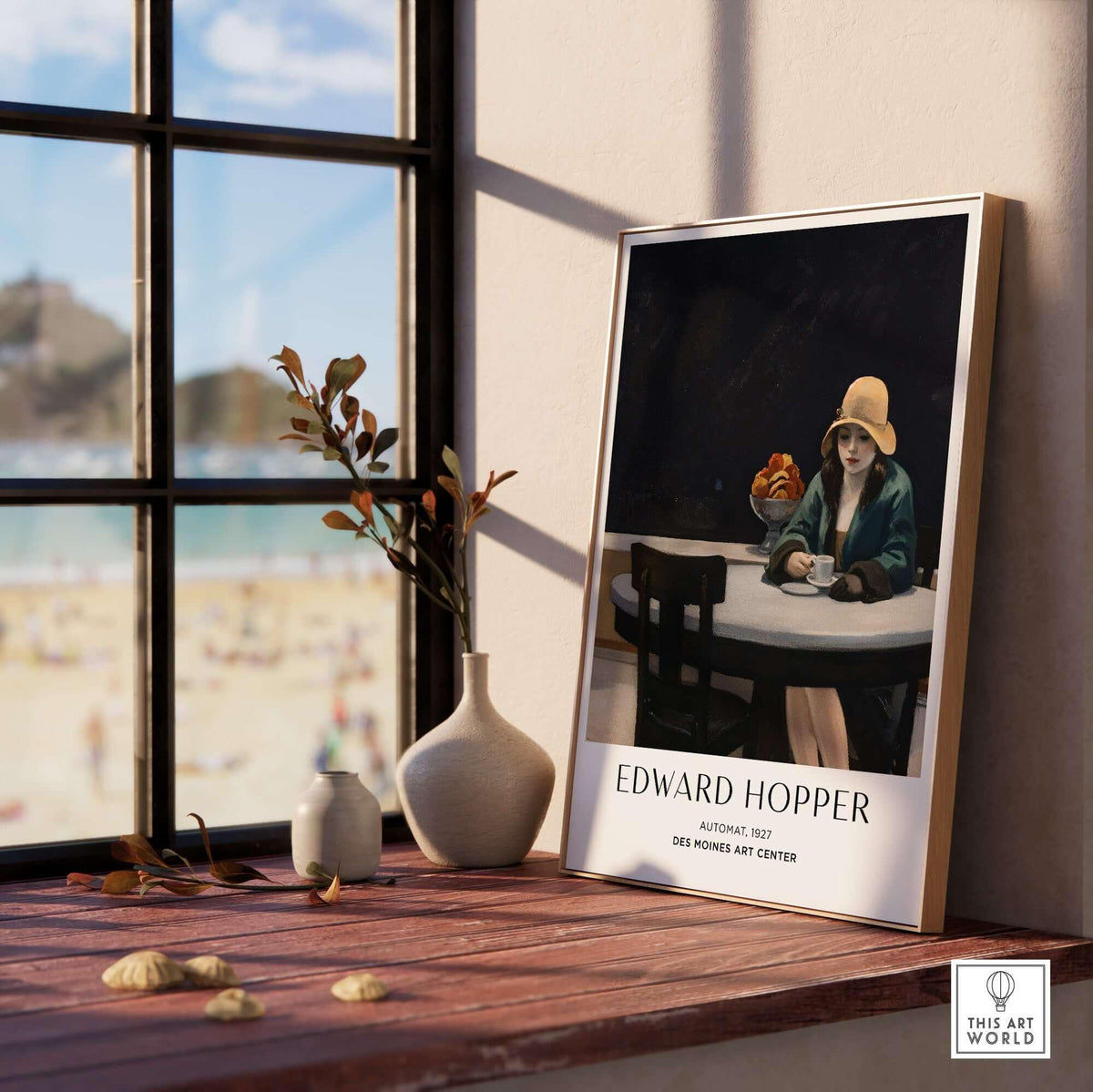 Edward Hopper Automat 1927 Des Moines Art Center Poster Print displayed indoors with beach view in background.