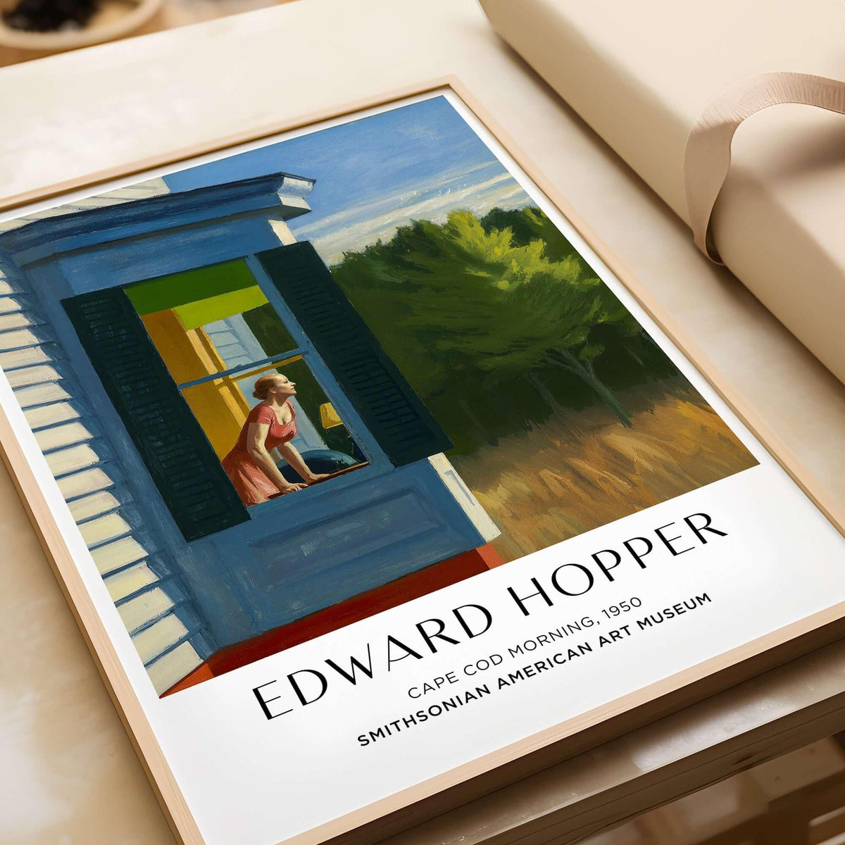 Edward Hopper Cape Cod Morning 1950 Art Print Poster - American Realism showcasing a woman at a sunlit bay window.