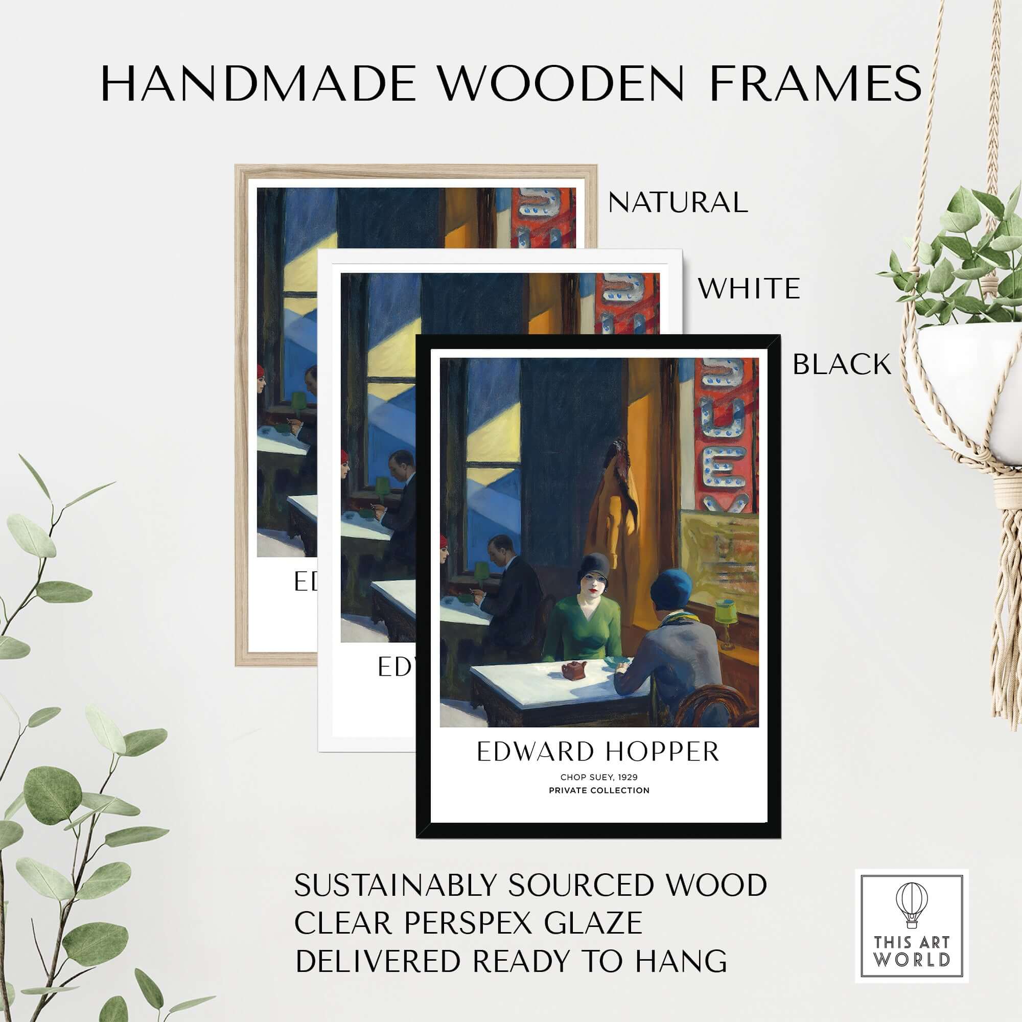 Edward Hopper Chop Suey 1929 Art Print Poster - Urban Restaurant Scene framed in natural, white, and black handmade wood frames.