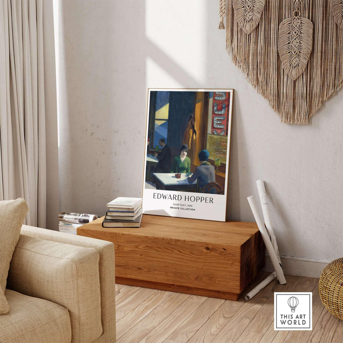 Edward Hopper Chop Suey 1929 Art Print Poster - Urban Restaurant Scene displayed in a home setting.