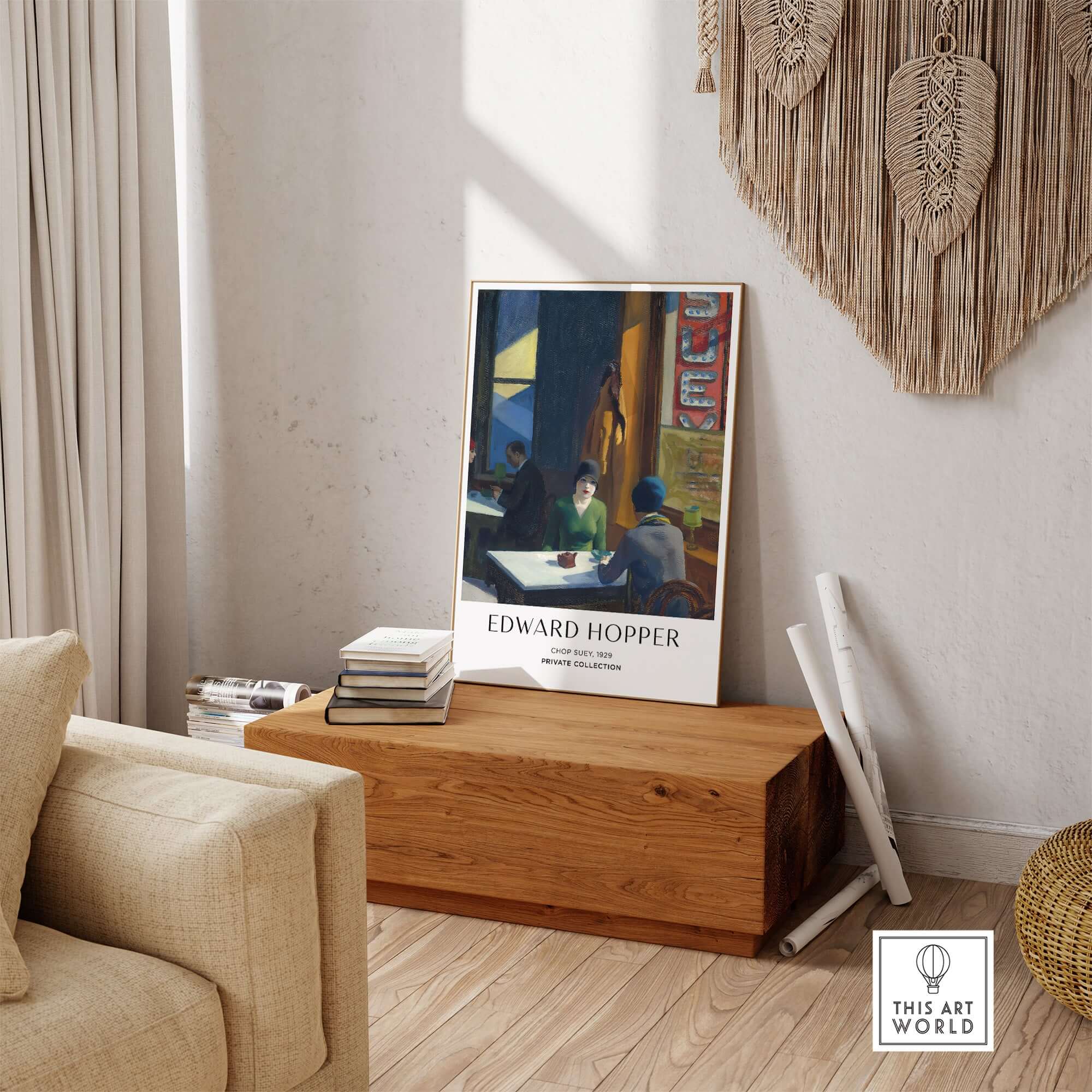 Edward Hopper Chop Suey 1929 Art Print Poster - Urban Restaurant Scene displayed in a home setting.