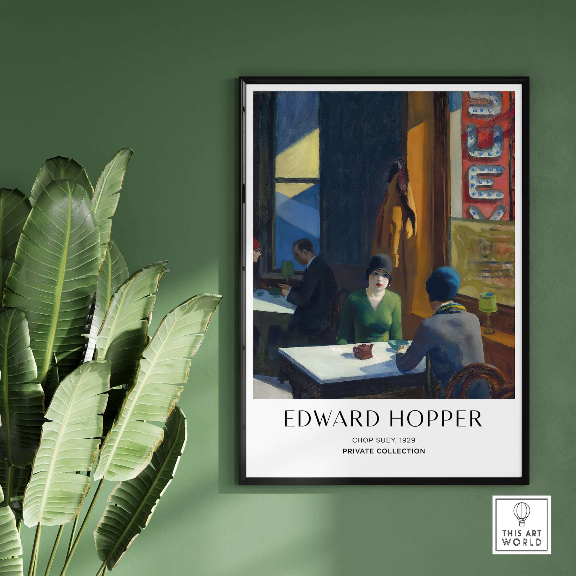 Edward Hopper Chop Suey 1929 Art Print Poster - Urban Restaurant Scene displayed on green wall with plants.