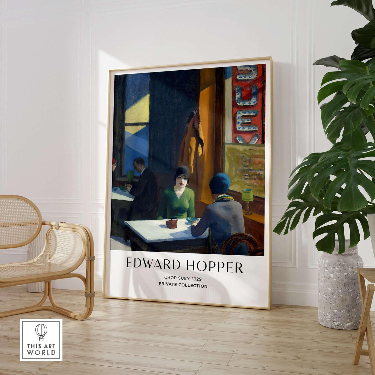Edward Hopper Chop Suey 1929 Art Print Poster - Urban Restaurant Scene displayed in a modern interior with plants.