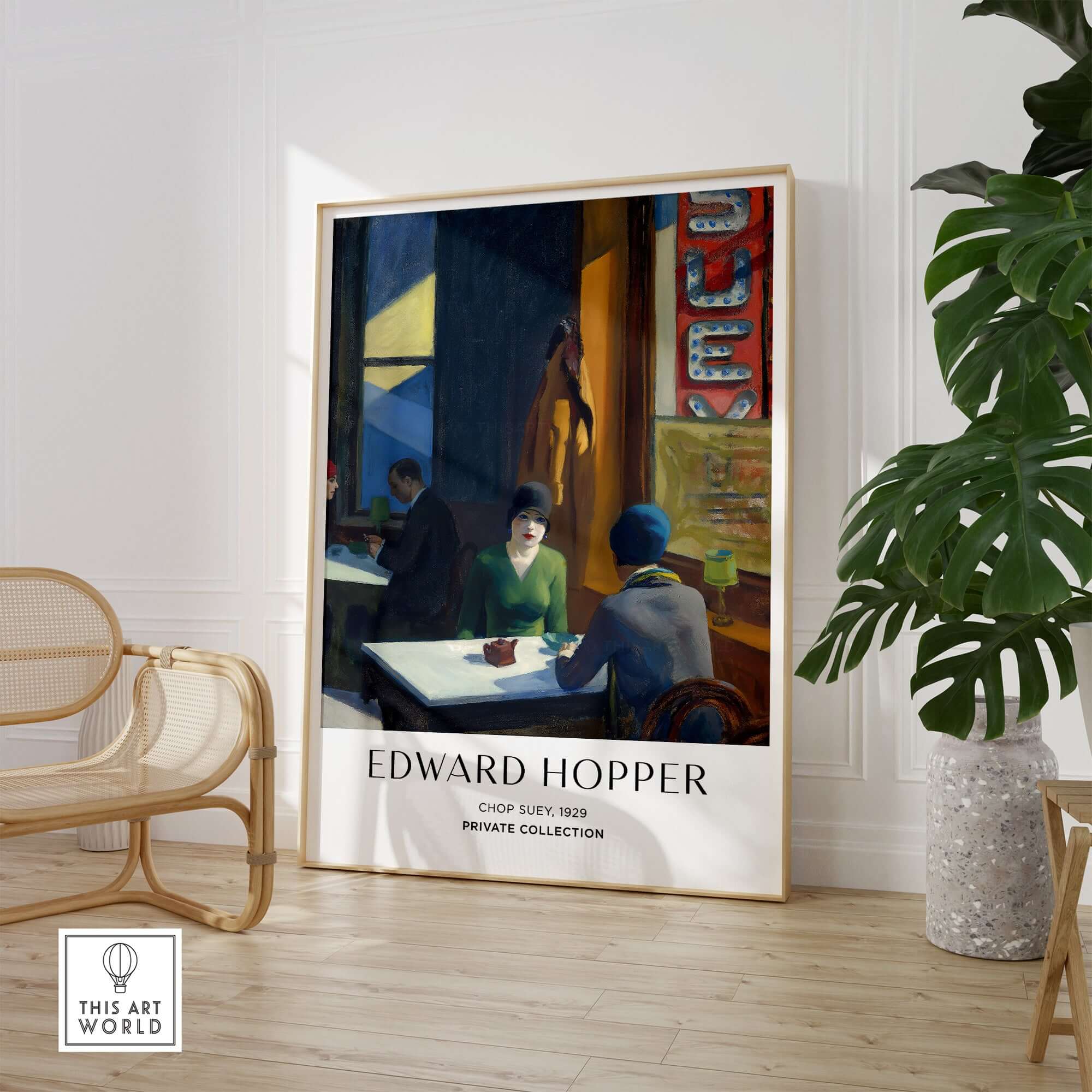 Edward Hopper Chop Suey 1929 Art Print Poster - Urban Restaurant Scene displayed in a modern interior with plants.
