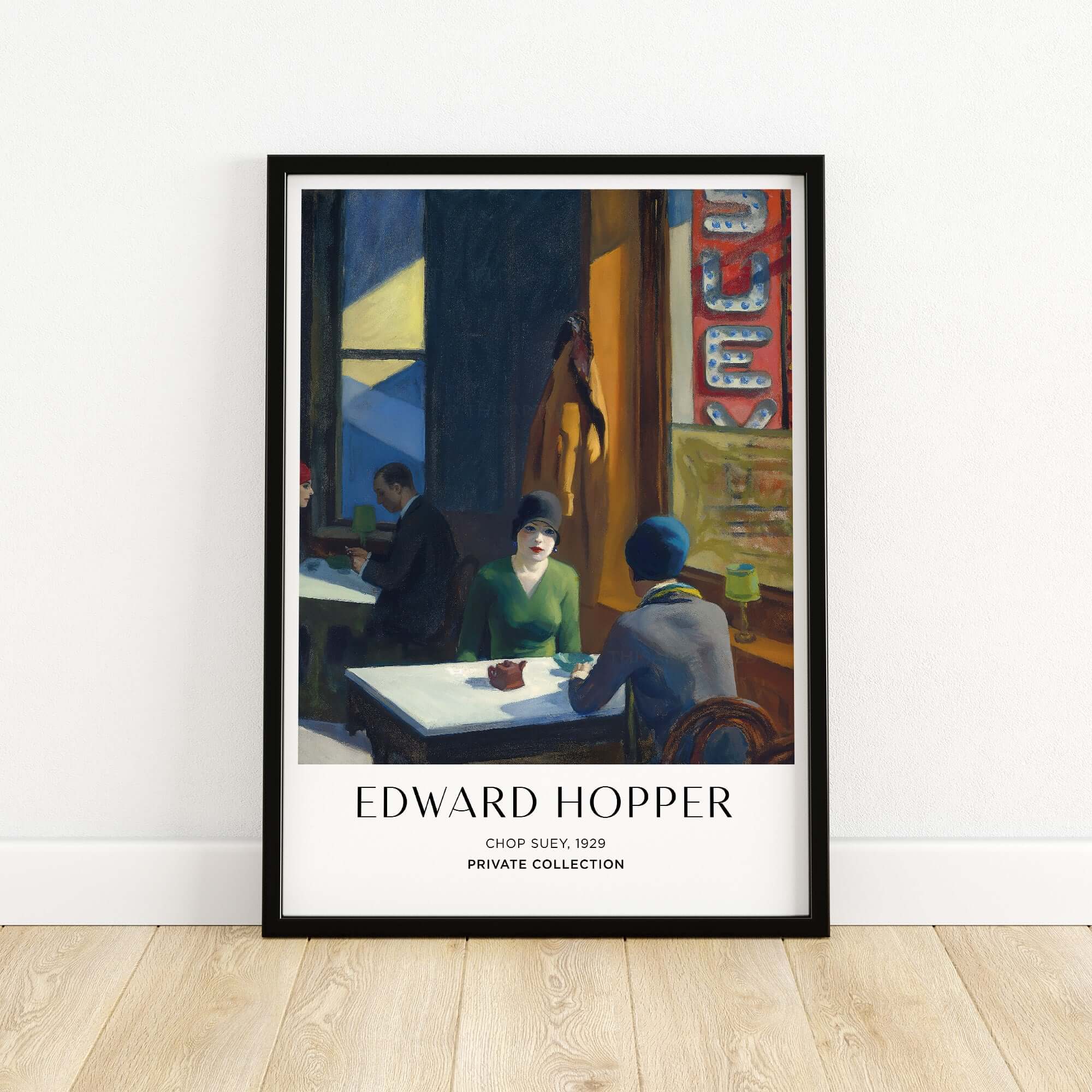 Edward Hopper Chop Suey 1929 Art Print Poster - Urban Restaurant Scene framed on a wall showcasing modern city life.