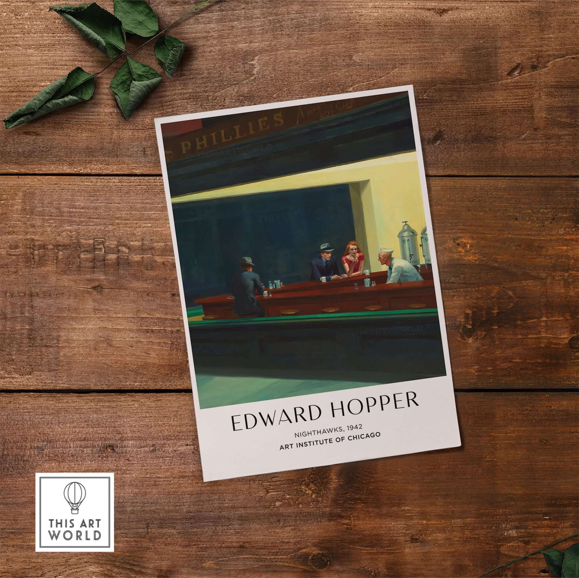 Edward Hopper Nighthawks 1942 Iconic Diner Art Print AIC Poster displayed on a wooden surface.