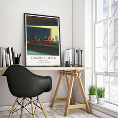 Edward Hopper Nighthawks 1942 Iconic Diner Art Print AIC Poster displayed in modern office setting.