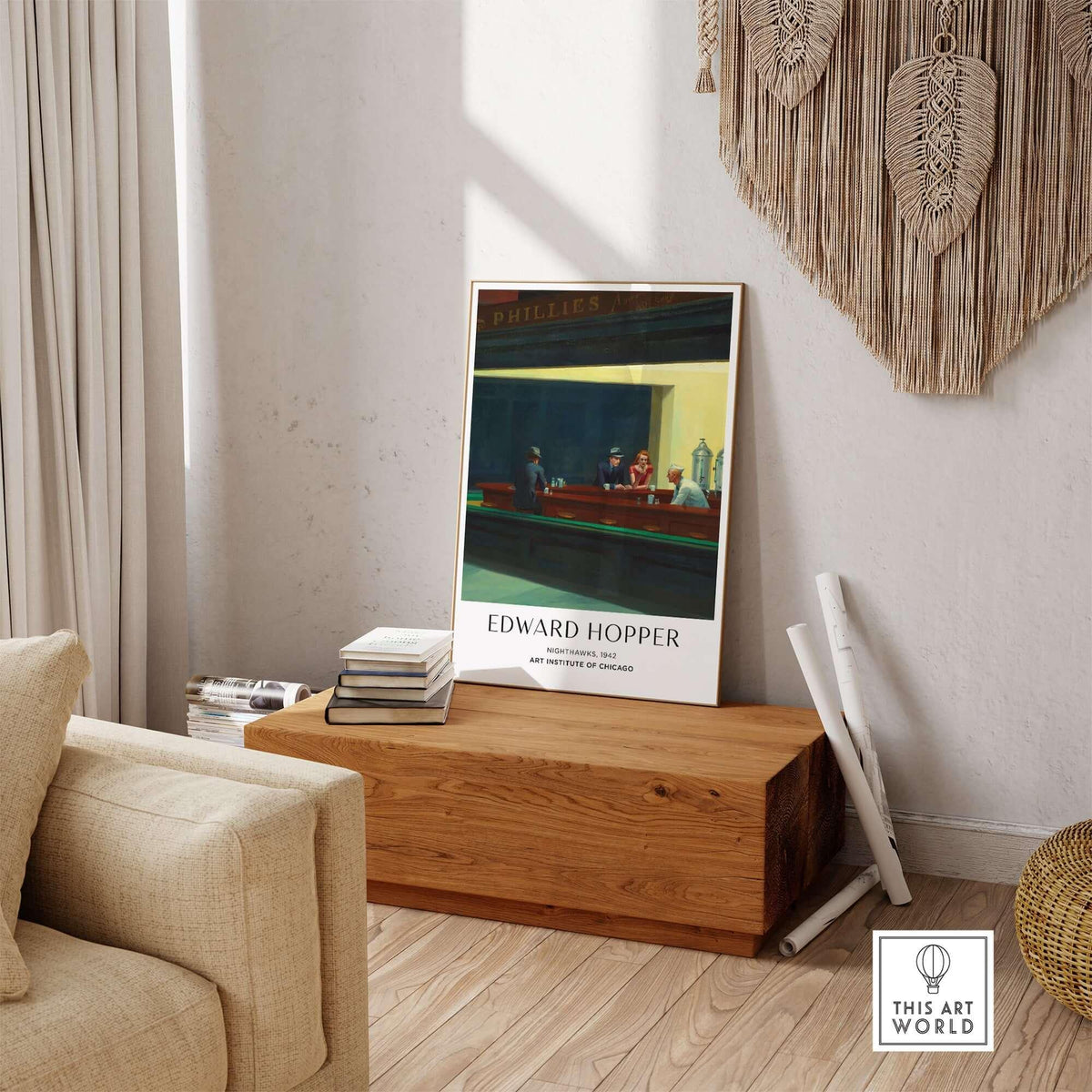 Edward Hopper Nighthawks 1942 Iconic Diner Art Print AIC Poster displayed in a modern living room setting.