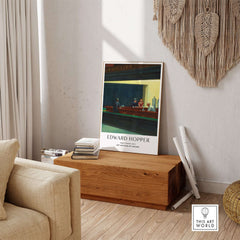 Edward Hopper Nighthawks 1942 Iconic Diner Art Print AIC Poster displayed in a modern living room setting.
