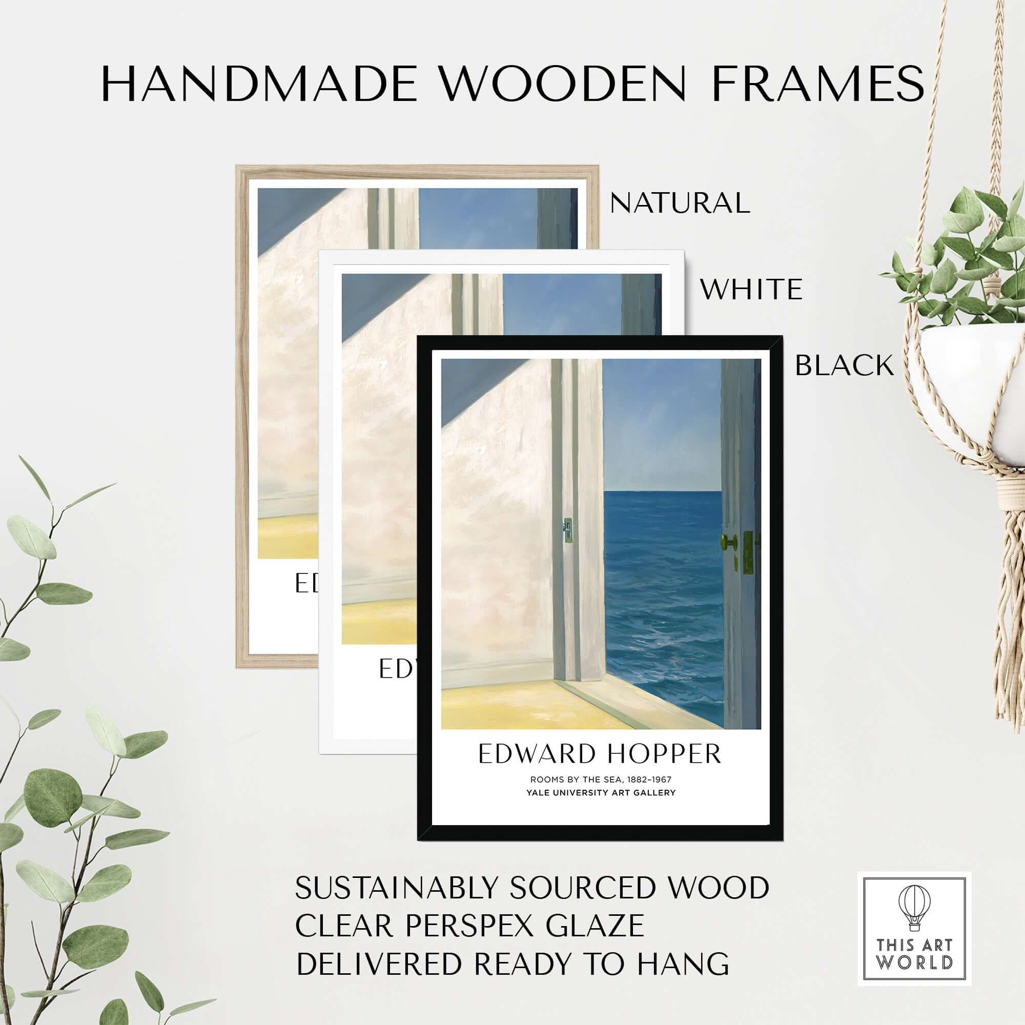 Handmade wooden frames for Edward Hopper Rooms by the Sea 1951 Yale University Art Print Poster in natural, white, and black.