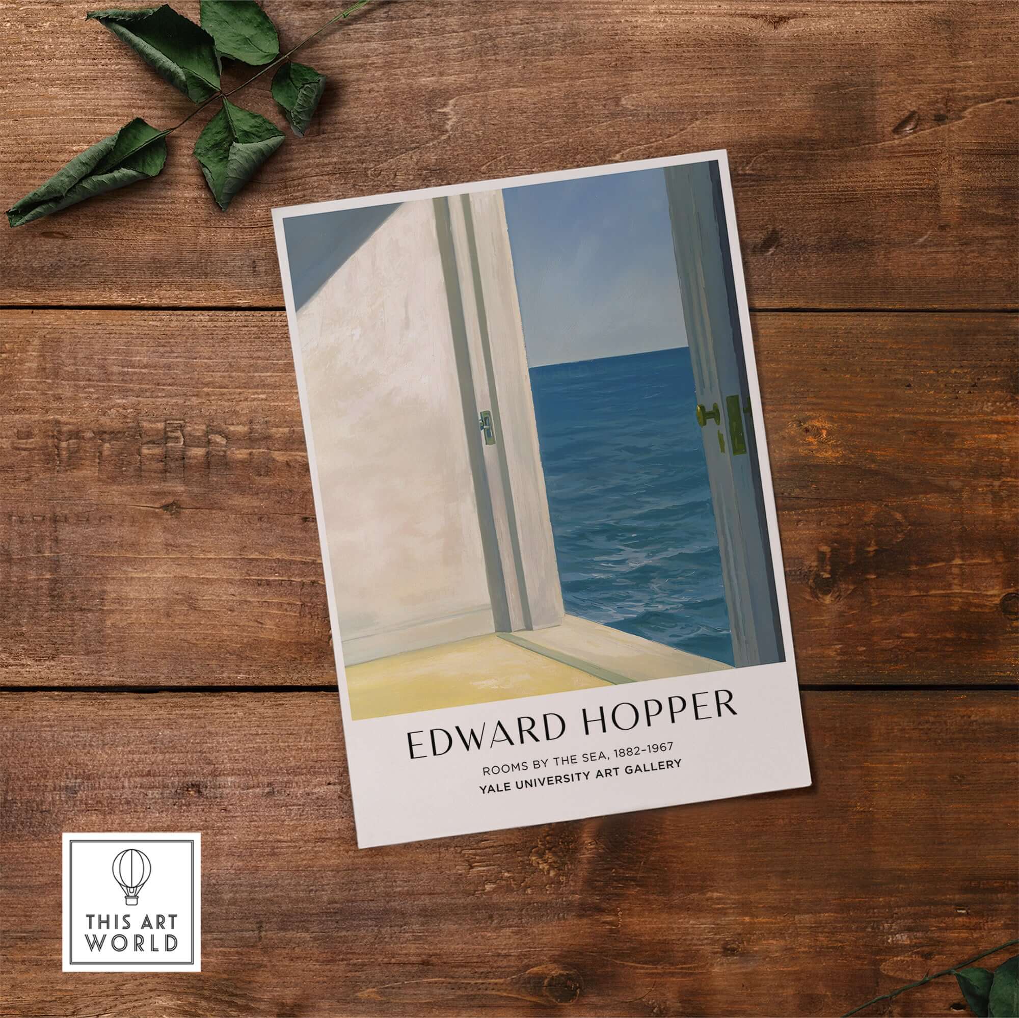 Edward Hopper Rooms by the Sea 1951 Yale University Art Print Poster displayed on a wooden surface.