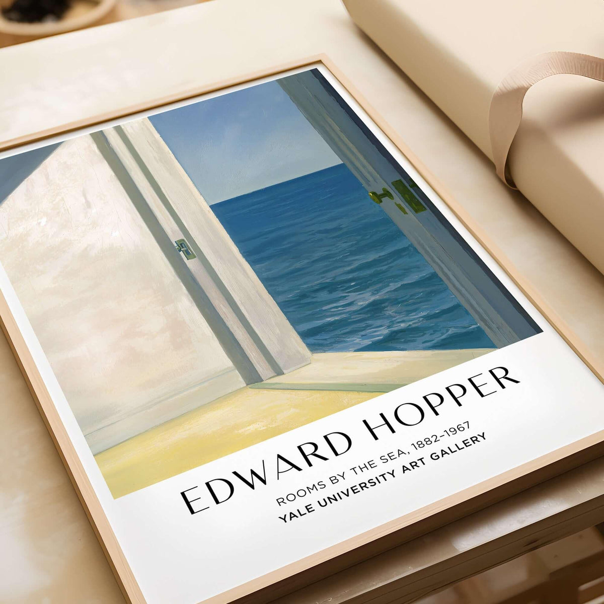 Edward Hopper Rooms by the Sea 1951 Yale University Art Print Poster displayed with a beach view.