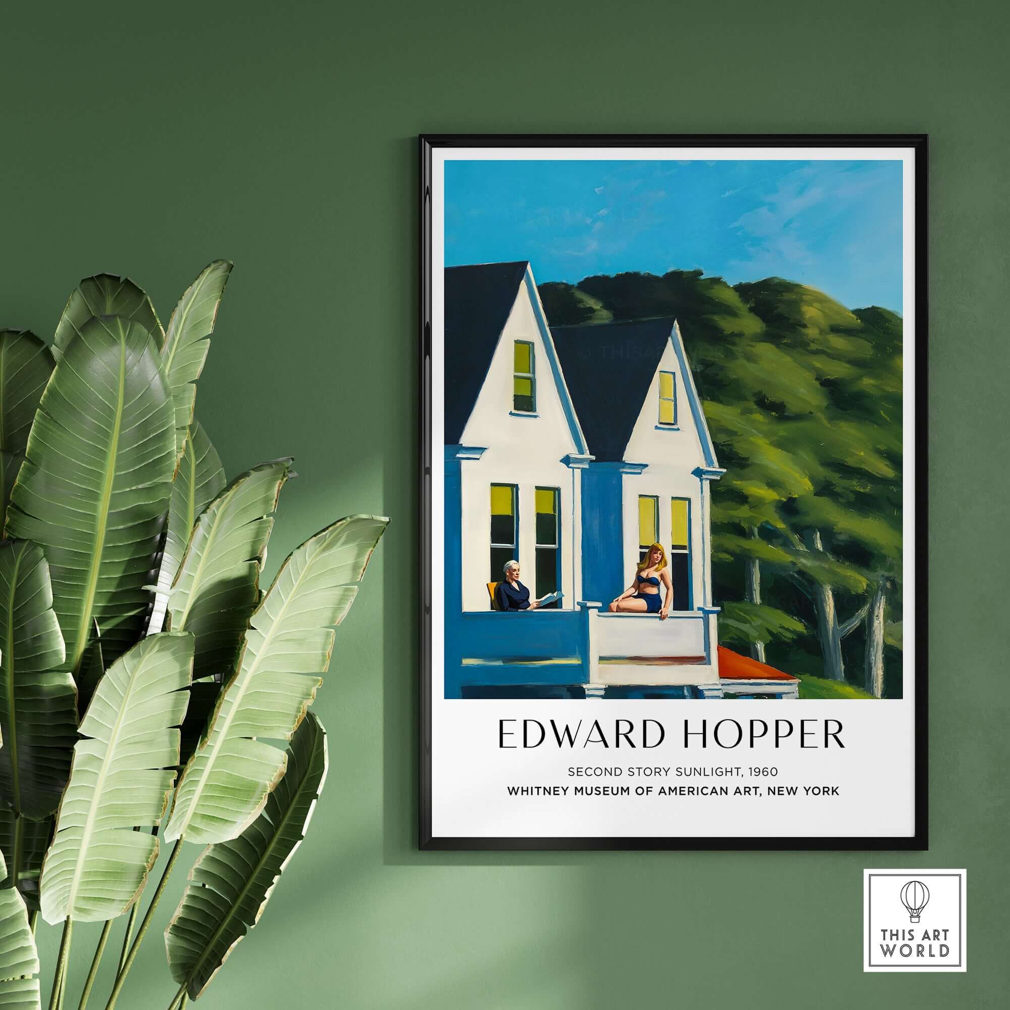Edward Hopper Second Story Sunlight 1960 Art Print - Whitney Museum displayed on a wall with plants.