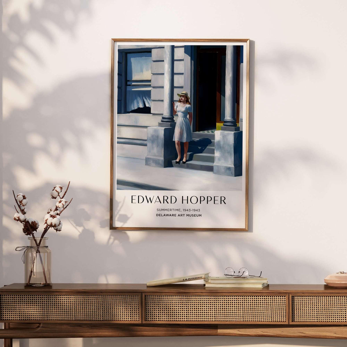 Edward Hopper Summertime 1943 Delaware Art Museum Art Print displayed on a wall above a wooden table.