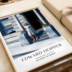 Edward Hopper Summertime 1943 Delaware Art Museum Art Print framed with a woman in a white dress on city steps.