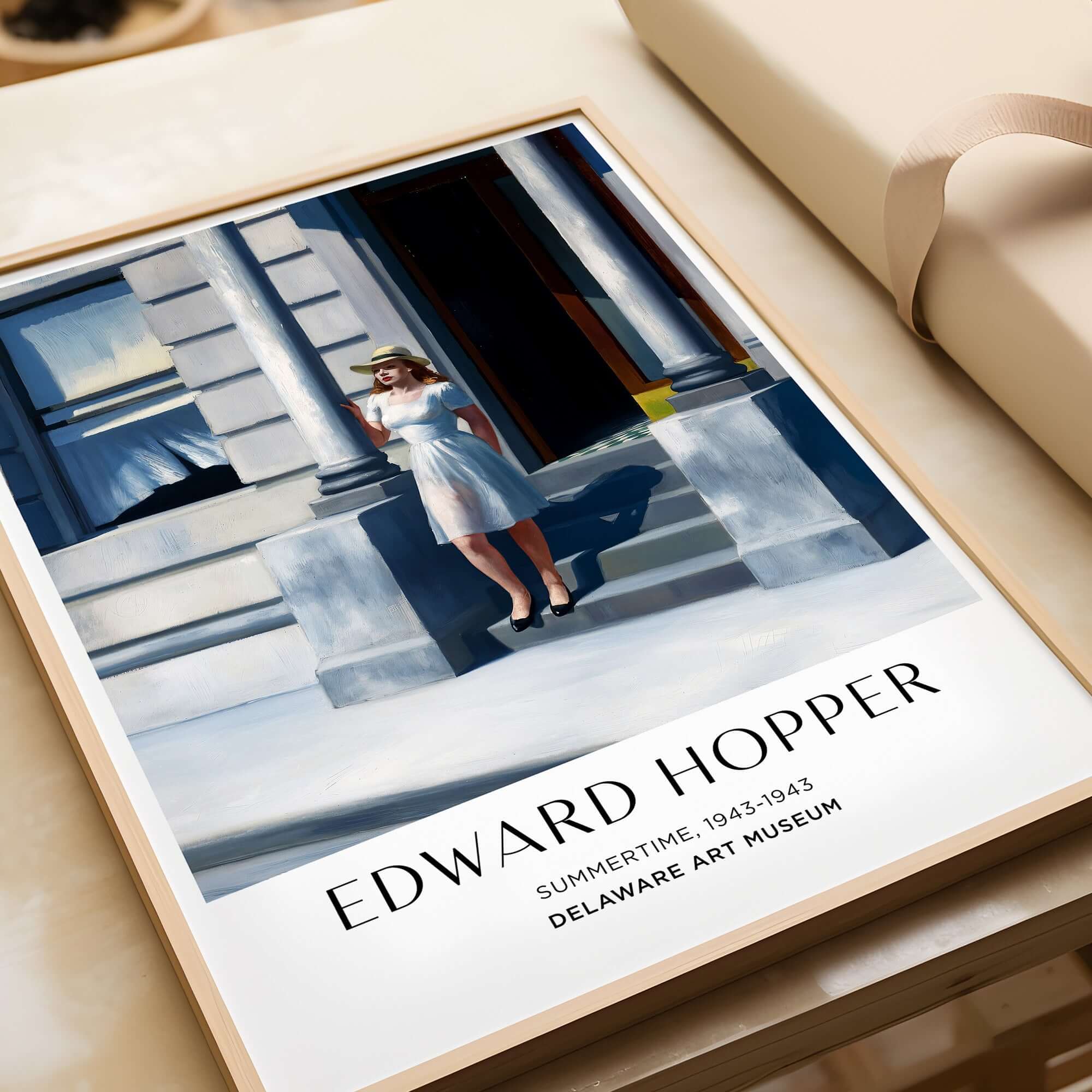 Edward Hopper Summertime 1943 Delaware Art Museum Art Print framed with a woman in a white dress on city steps.