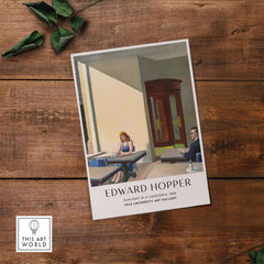 Edward Hopper Sunlight in a Cafeteria 1958 Yale Art Gallery Print displayed on a wooden table.