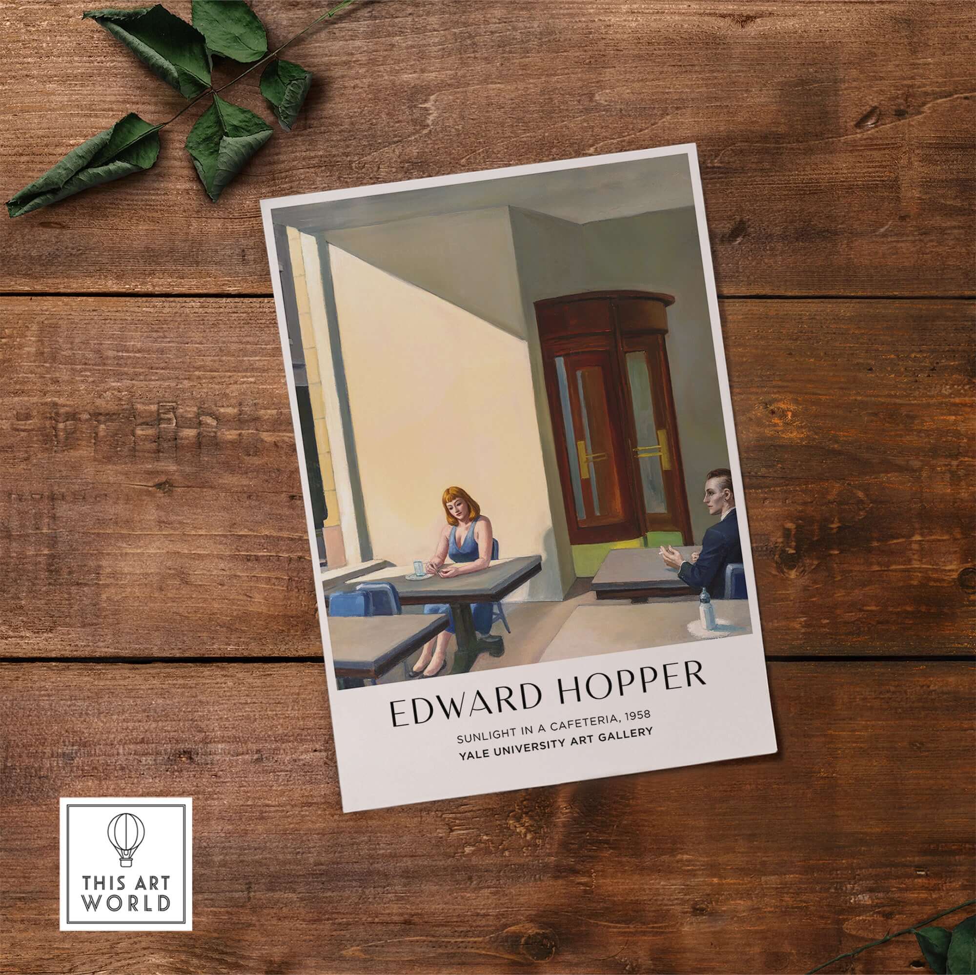 Edward Hopper Sunlight in a Cafeteria 1958 Yale Art Gallery Print displayed on a wooden table.