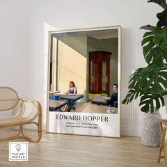 Edward Hopper Sunlight in a Cafeteria 1958 Yale Art Gallery Print displayed in a modern setting with indoor plants.