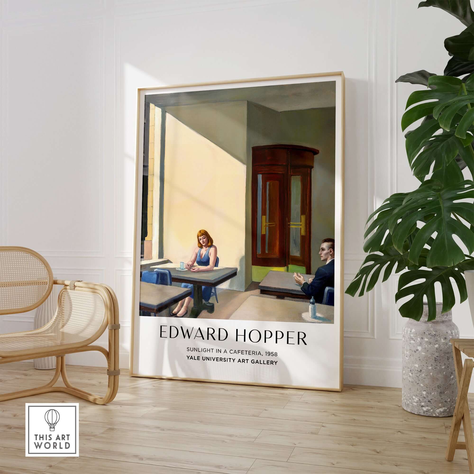 Edward Hopper Sunlight in a Cafeteria 1958 Yale Art Gallery Print displayed in a modern setting with indoor plants.