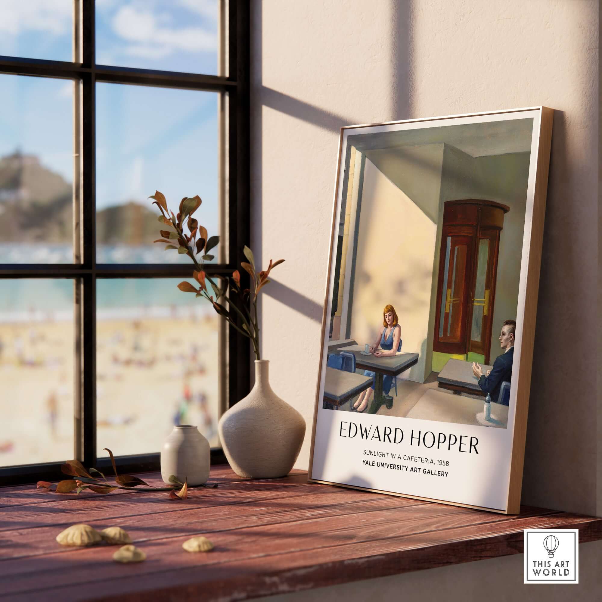 Edward Hopper Sunlight in a Cafeteria 1958 Yale Art Gallery Print displayed on a wooden table near a window.