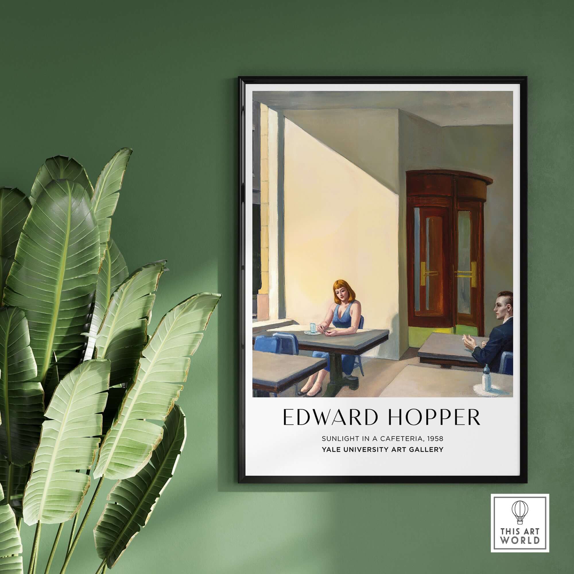 Edward Hopper Sunlight in a Cafeteria 1958 Yale Art Gallery Print showcased in a modern setting with plants.