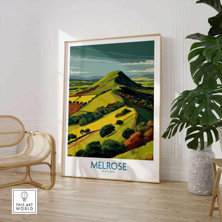 Eildon Hills Melrose Scotland travel print, modern poster art showcasing vibrant green landscape.