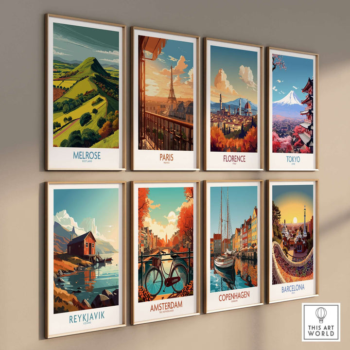Collection of modern travel posters featuring Melrose, Paris, Florence, Tokyo, Reykjavik, Amsterdam, Copenhagen, and Barcelona.