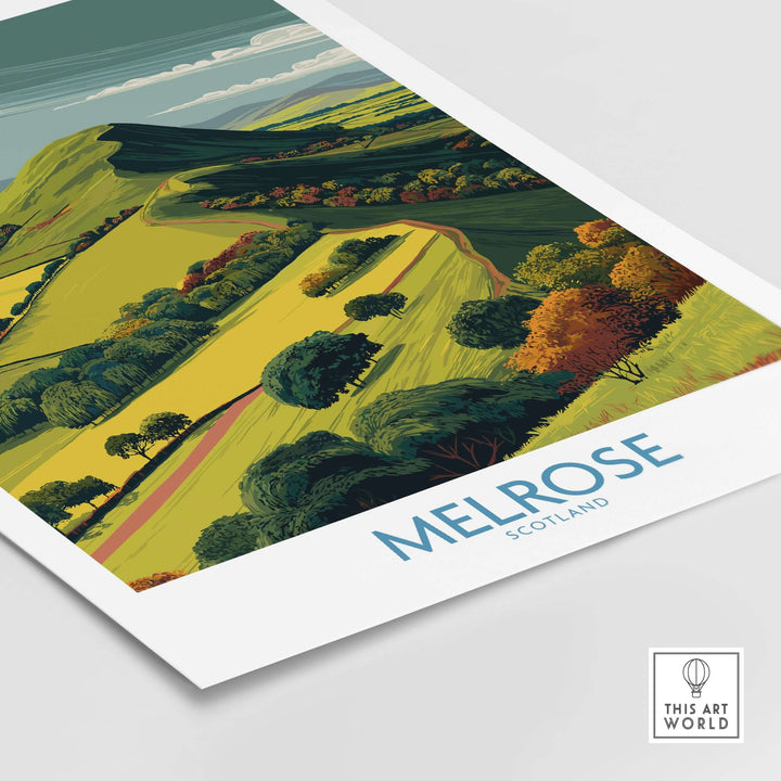 Eildon Hills Melrose Scotland travel poster art featuring lush green fields and autumn trees.