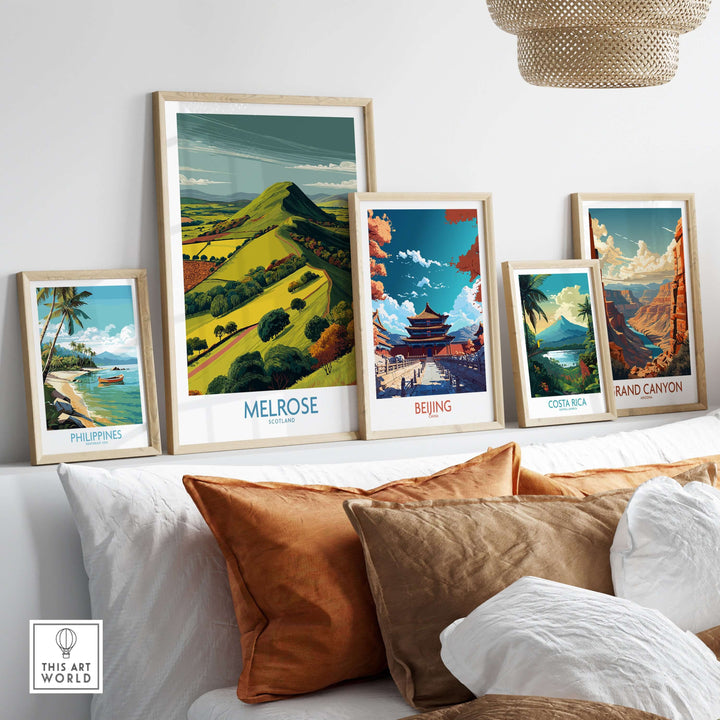 Gallery of modern travel posters featuring Melrose, Beijing, Costa Rica, Grand Canyon, and Philippines on a stylish wall.