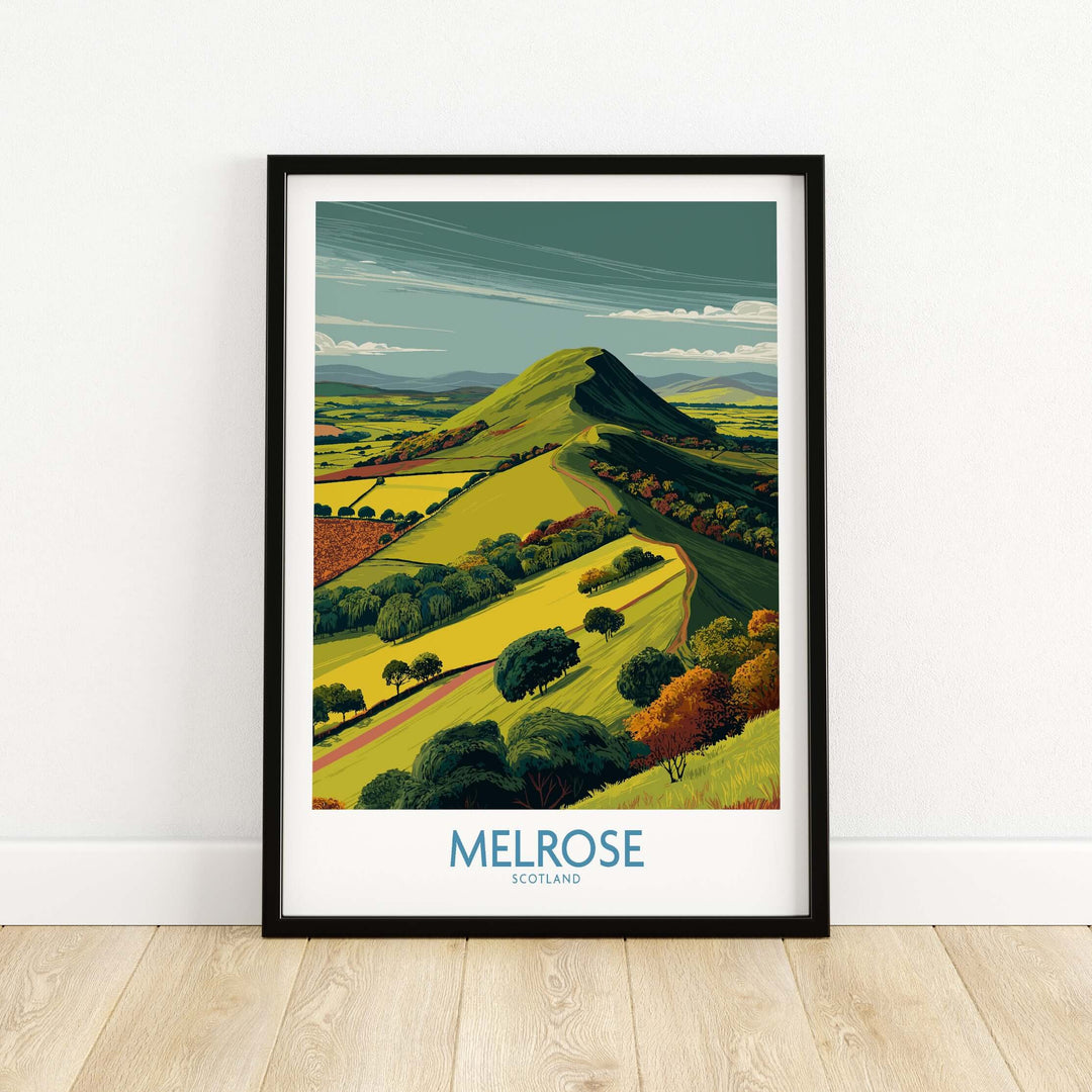 Eildon Hills travel print art showcasing Melrose Scotland's scenic landscape and vibrant colors.