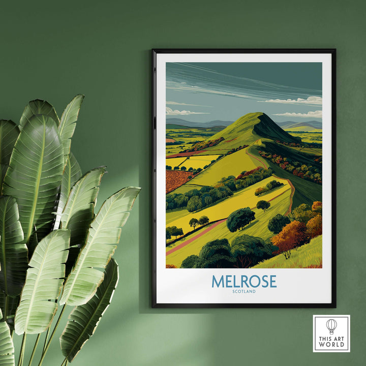 Modern travel print of Eildon Hills, Melrose, Scotland, featuring vibrant green hills and patchwork fields.