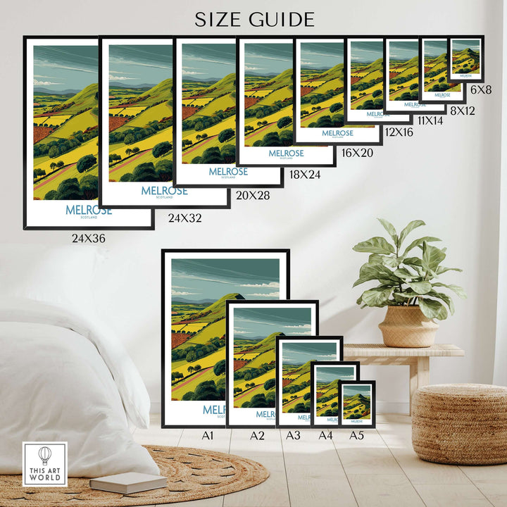 Size guide for Eildon Hills Melrose Scotland travel print in various frame dimensions displayed in a modern interior.