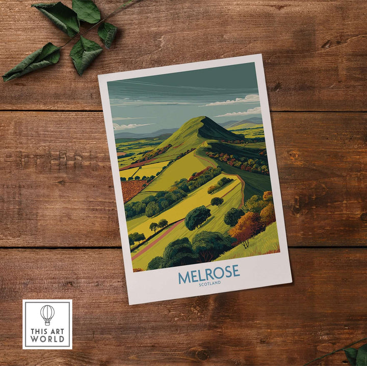 Eildon Hills travel print, modern Scottish Borders art featuring green hills and autumn trees, Melrose, Scotland.