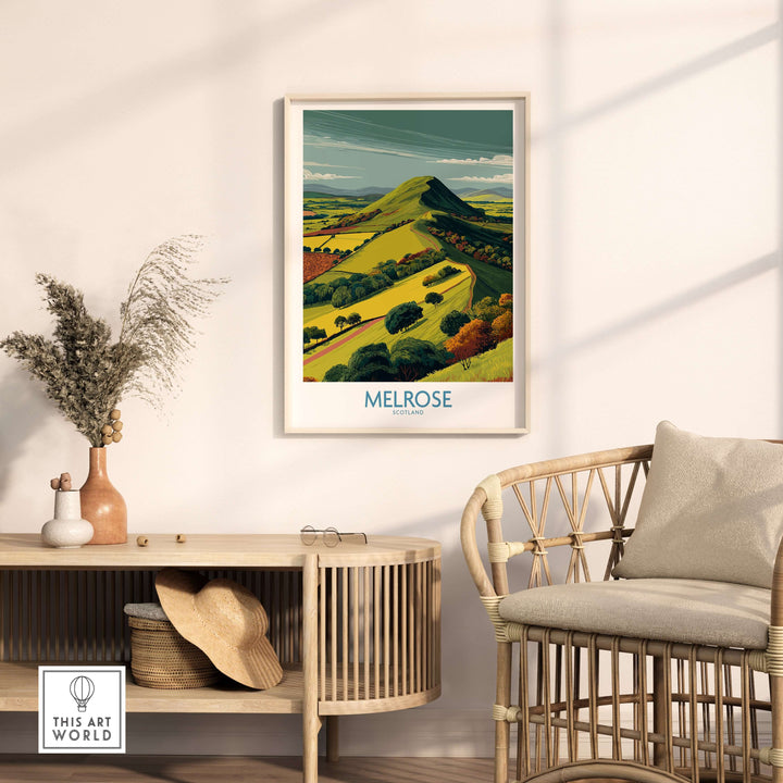 Modern wall art print of Eildon Hills Melrose, showcasing Scottish Borders landscape in vibrant colors.
