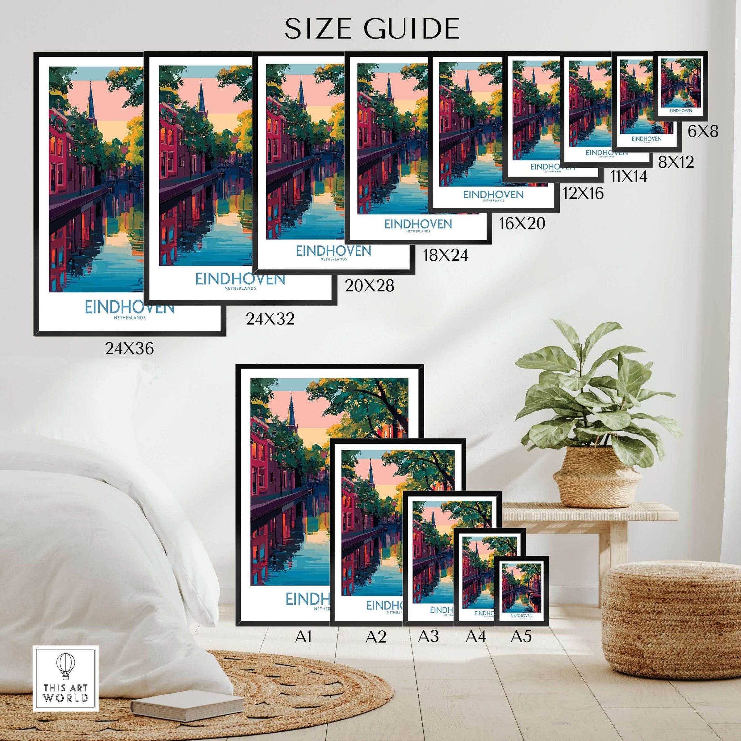 Eindhoven Art Print | Urban Sunset Reflections Poster size guide showcasing various dimensions for wall art.