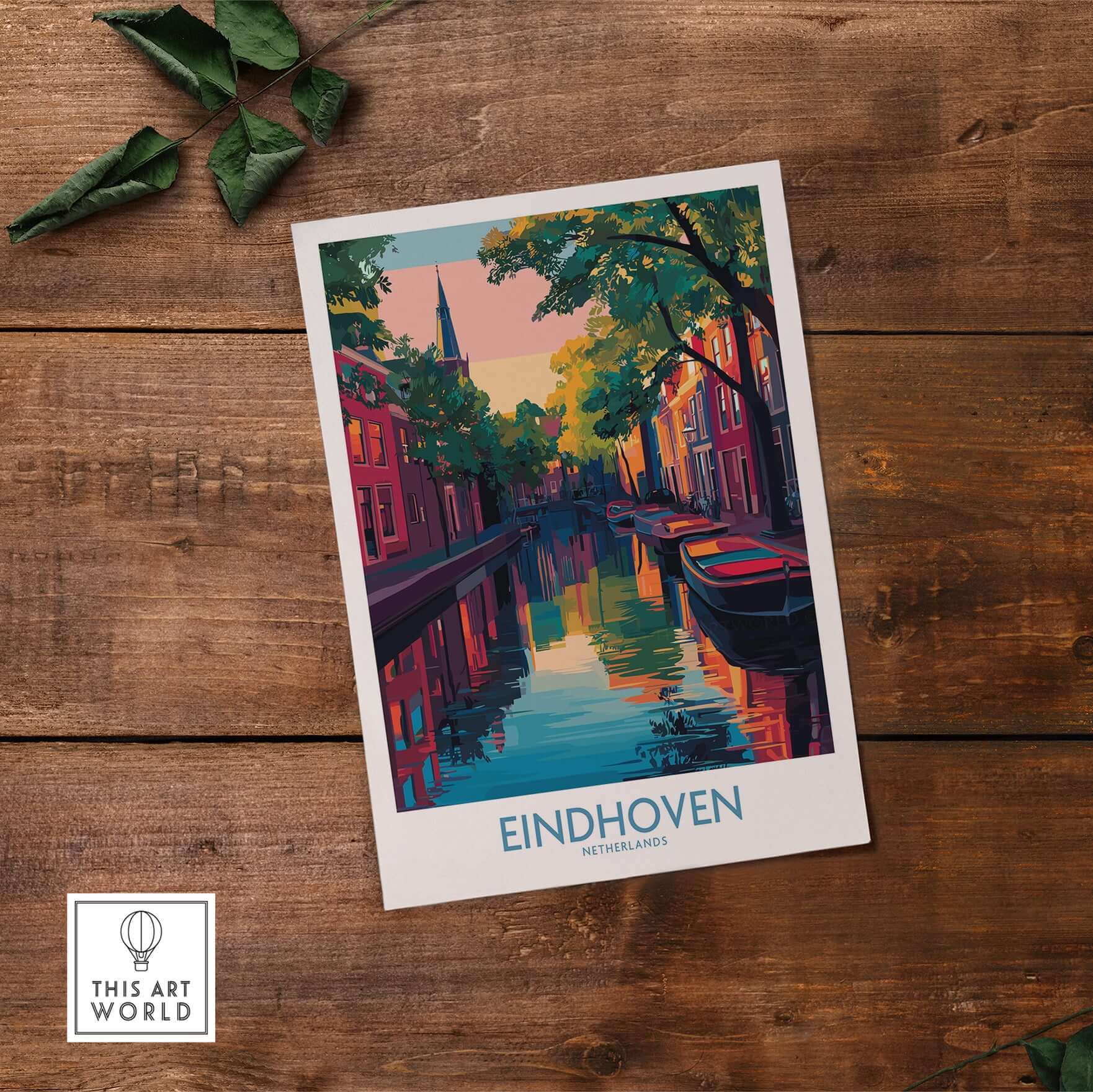 Eindhoven Art Print | Urban Sunset Reflections Poster featuring vibrant cityscape with reflections in water.