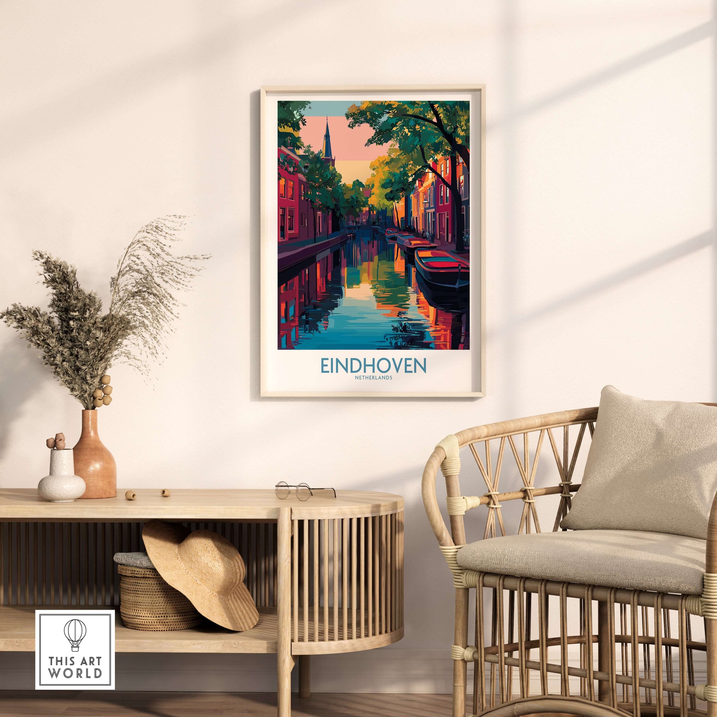 Eindhoven Art Print | Urban Sunset Reflections Poster framed in stylish décor, showcasing vibrant cityscape and water reflections.