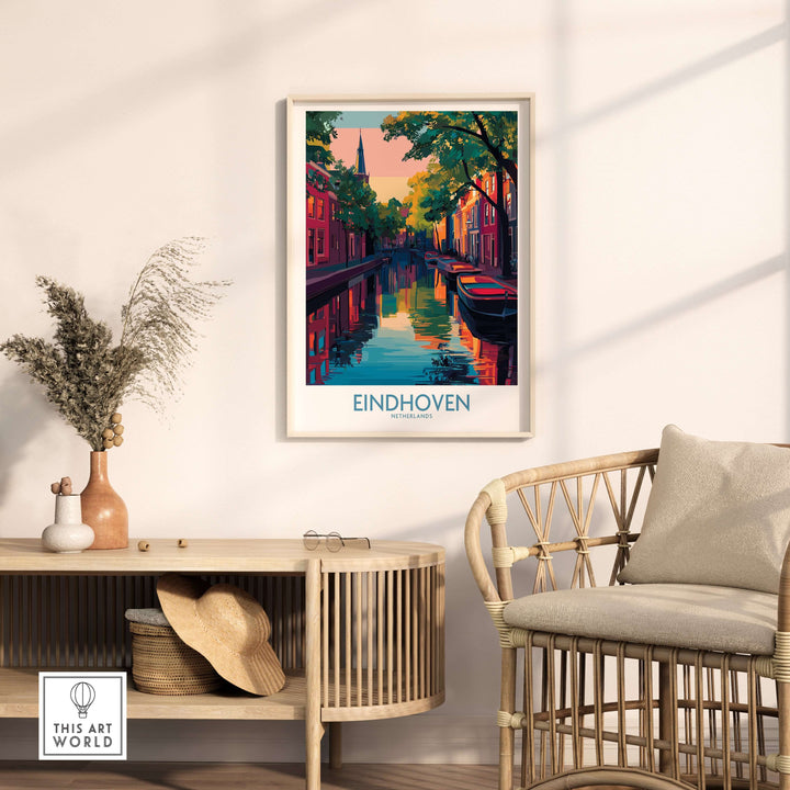 Eindhoven Art Print | Urban Sunset Reflections Poster displayed in a modern interior with cozy furniture.
