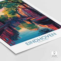 Eindhoven Art Print | Urban Sunset Reflections Poster featuring vibrant cityscape and sunset reflections on water.