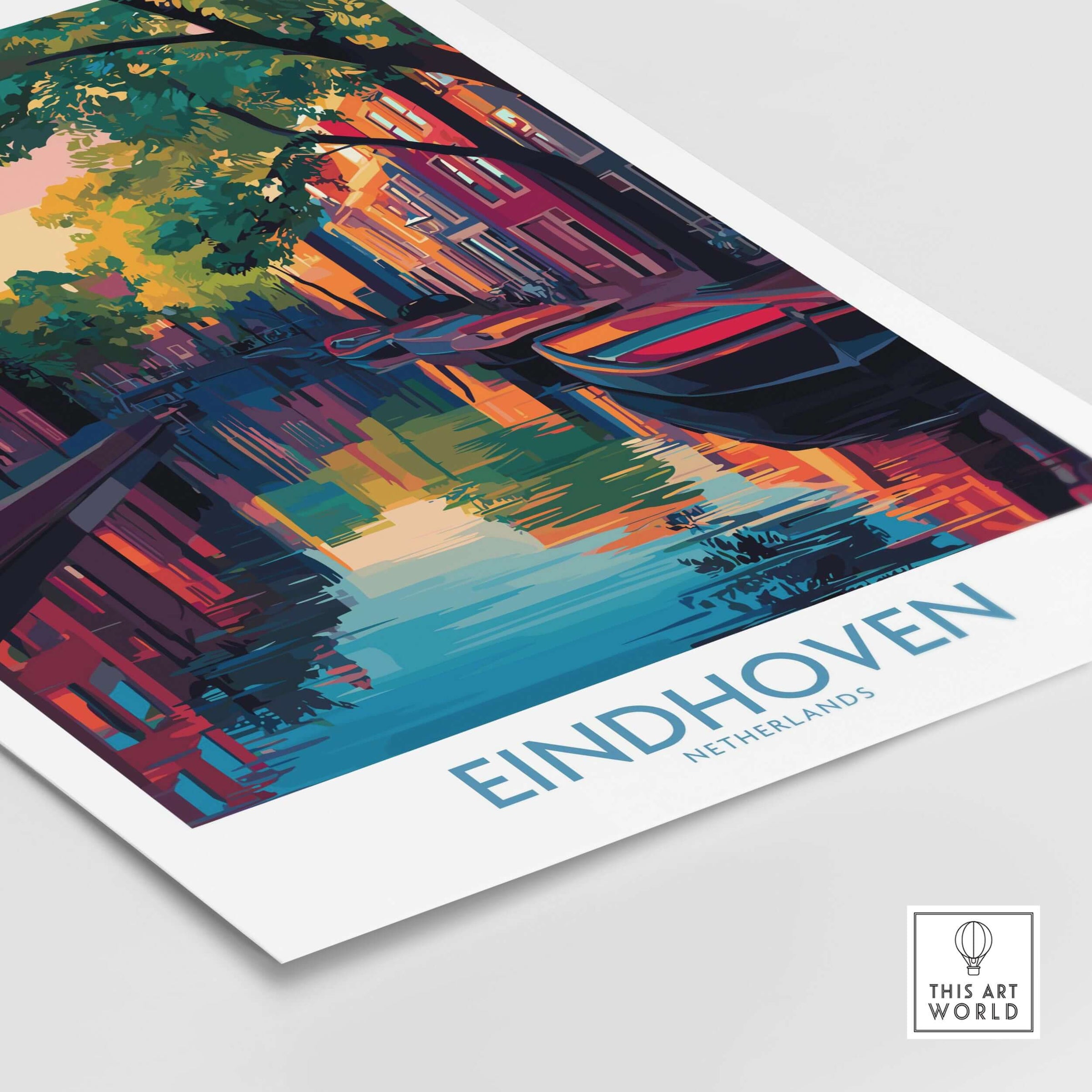 Eindhoven Art Print | Urban Sunset Reflections Poster featuring vibrant cityscape and sunset reflections on water.