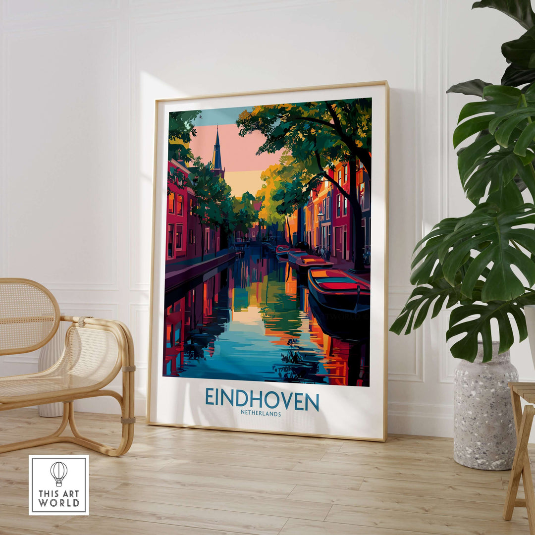 Eindhoven Art Print | Urban Sunset Reflections Poster displayed in a modern interior setting, showcasing vibrant colors and urban scenery.
