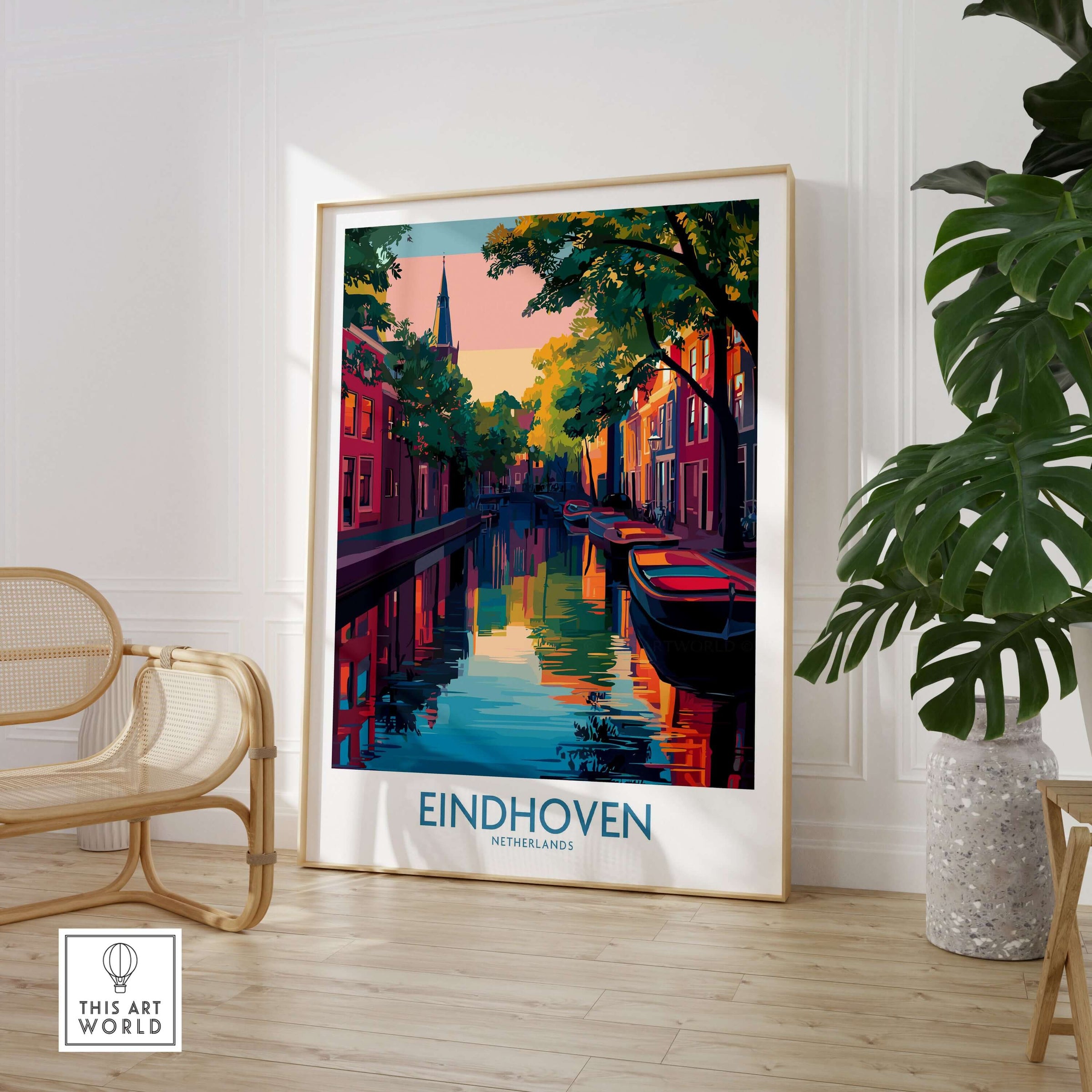 Eindhoven Art Print | Urban Sunset Reflections Poster showcasing vibrant cityscape and serene water reflections.
