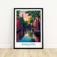 Eindhoven Art Print | Urban Sunset Reflections Poster framed on wooden floor showcasing vibrant cityscape.