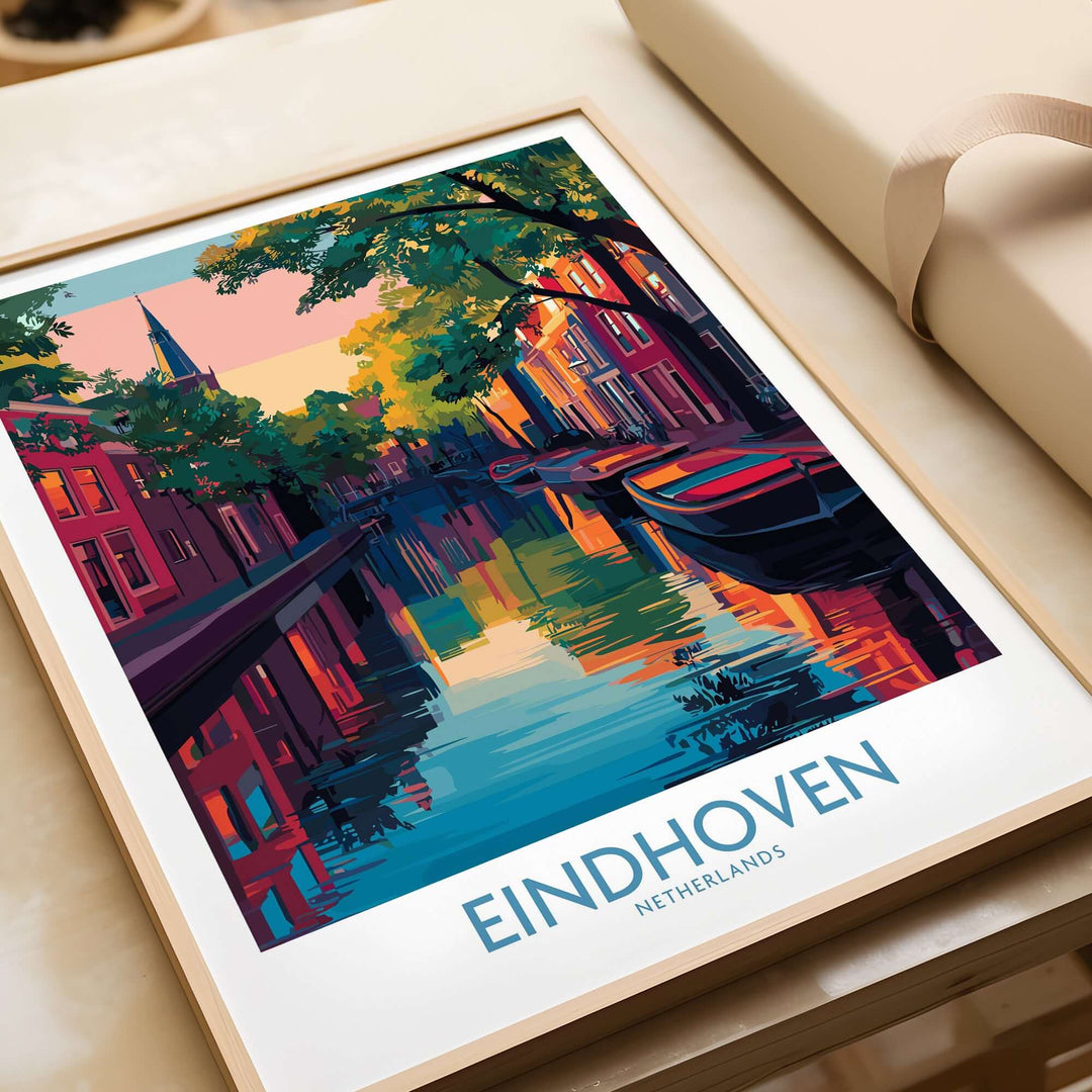 Eindhoven Art Print | Urban Sunset Reflections Poster showcasing vibrant cityscape reflections in water.