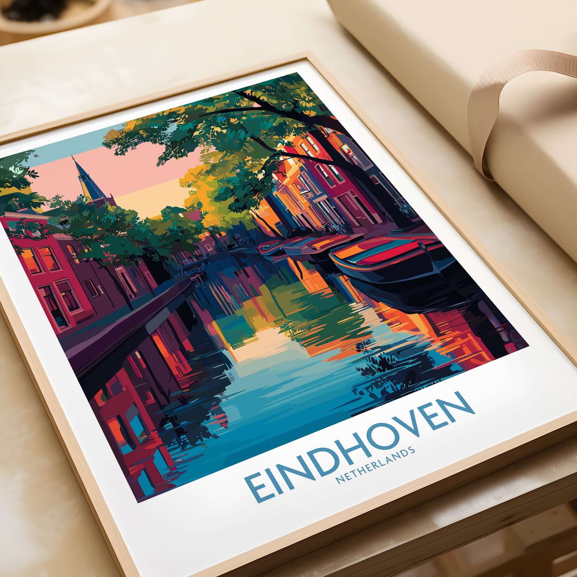 Eindhoven Art Print | Urban Sunset Reflections Poster, vibrant cityscape with reflections on water.