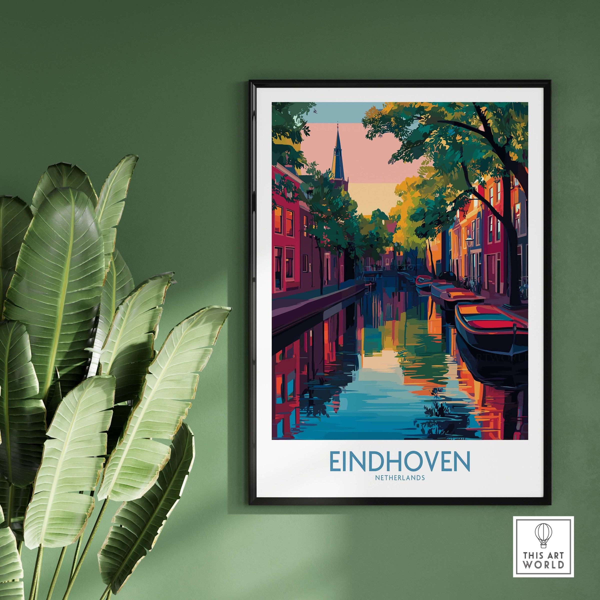 Eindhoven Art Print | Urban Sunset Reflections Poster showcasing vibrant cityscape and reflections on water.