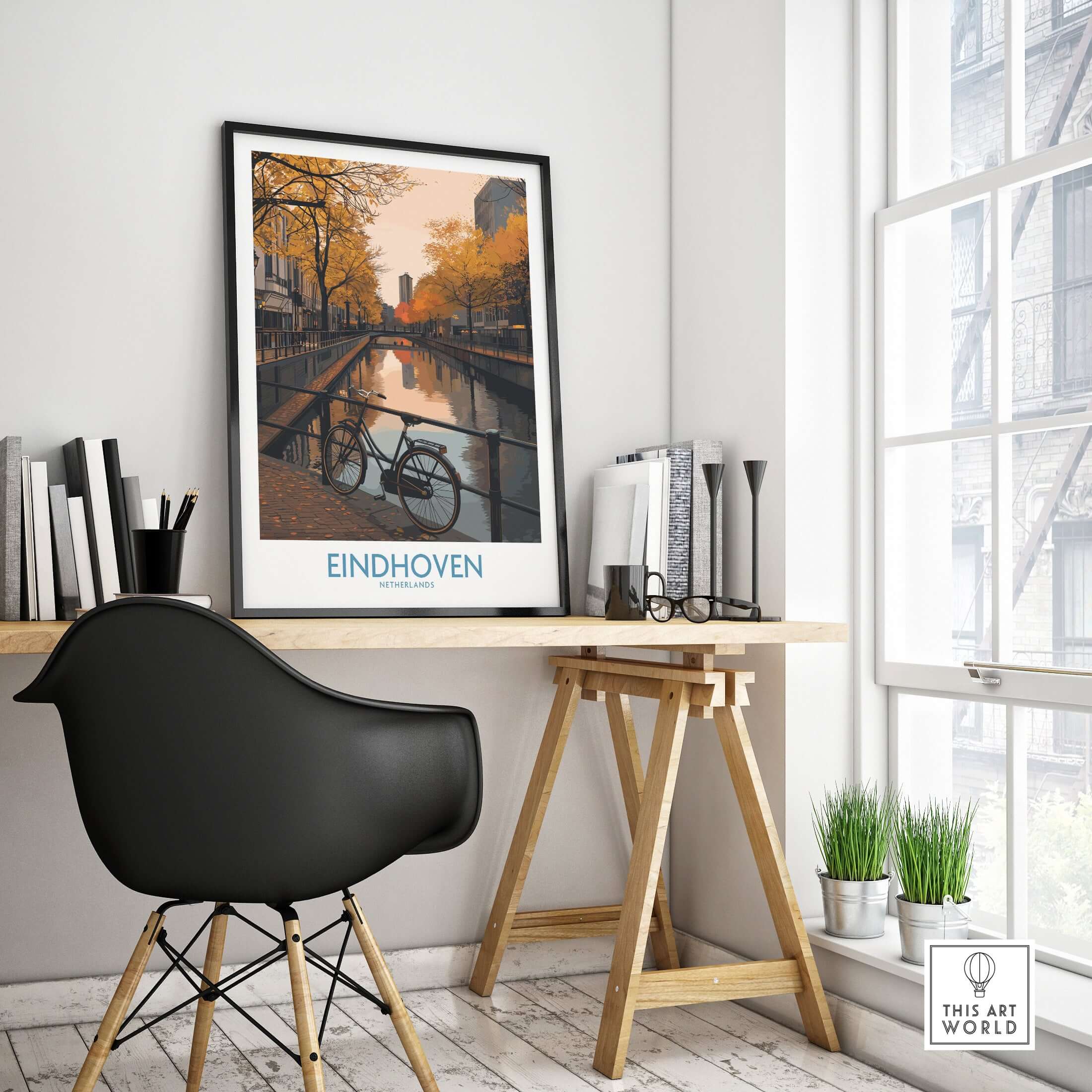 Eindhoven Netherlands Art Print | Autumn Cityscape Poster showcasing a bike by a picturesque canal in a cozy indoor setting.