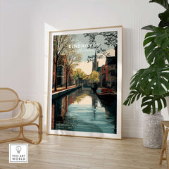 Eindhoven Print | Dutch City Wall Decor showcasing a serene canal view in a stylish living room setting.