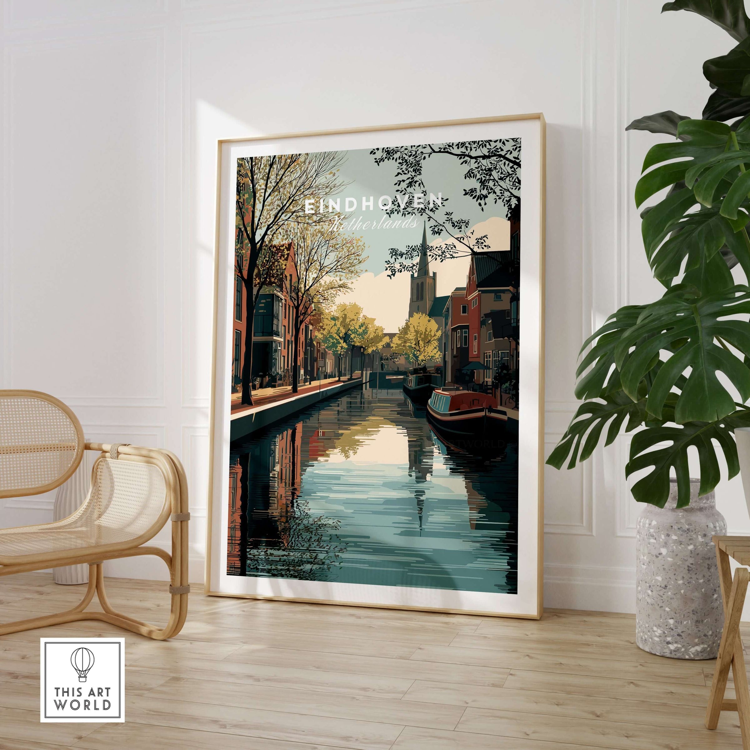 Eindhoven Print | Dutch City Wall Decor showcasing a serene canal view in a stylish living room setting.